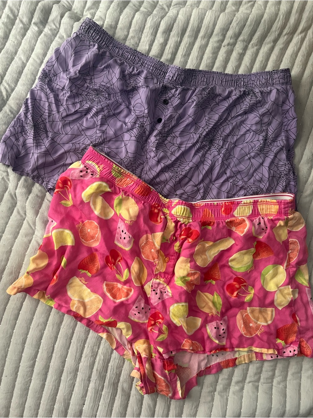 Two-Pack Women's Sleep Shorts — Pink Fruit Print & Lavender Spiderweb